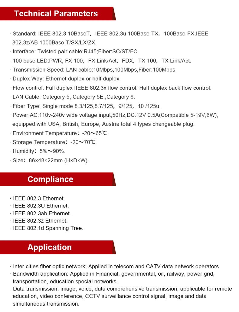 10/100MB Single Mode 20km Fiber Optic Media Converter